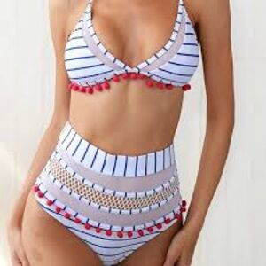 COCOSHIP White and Navy Striped High-Waist Bikini with Red Pom Trim